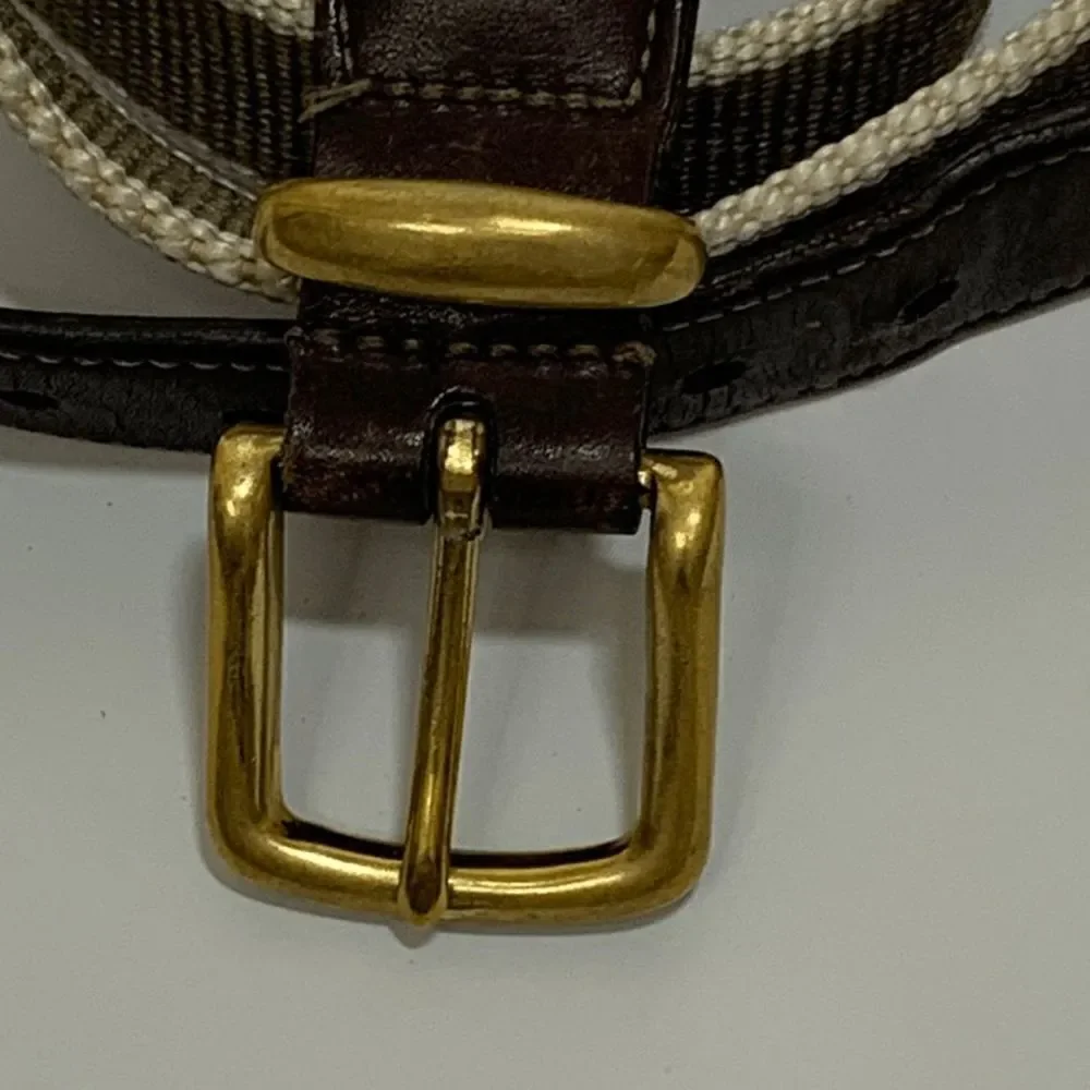 Coach Brown Leather and Army Green Cream Nylon Belt